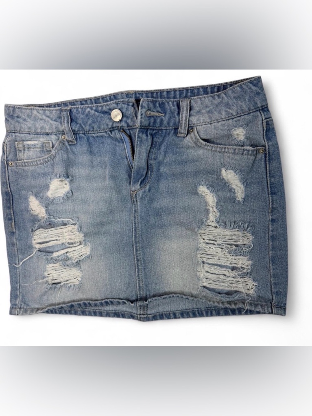 Blue Spice Medium Wash Distressed Denim Mini Skirt